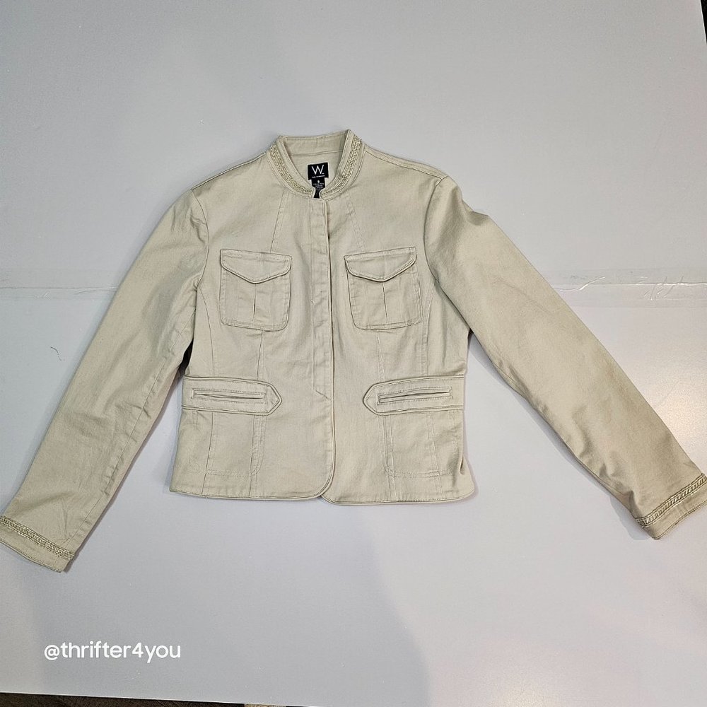 W Work to Weekend Jacket Blazer Beige Khaki Beaded Women Size 8